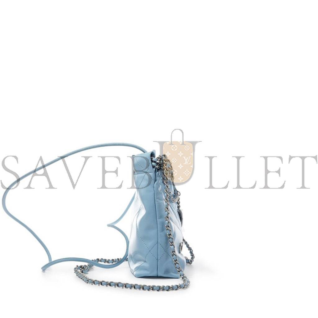 CHANEL LIGHT BLUE QUILTED CALFSKIN MINI 22 BAG SILVER HARDWARE AS3980 (20*19*6cm)